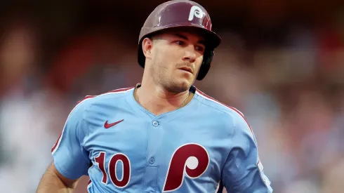J.T. Realmuto #10 of the Philadelphia Phillies rounds the bases after a home run.