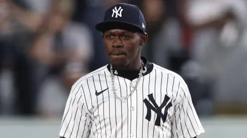 Jazz Chisholm Jr. #13 of the New York Yankees looks on during the game.