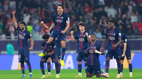 Paris Saint-Germain players celebrate during the penalty shoot out.
