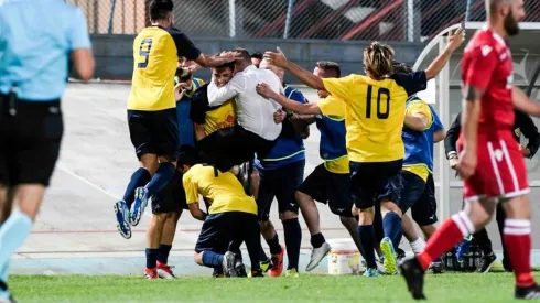 HISTORIA PURA. El festejo del Tre Fiori en la goleada de la ida por 3-0 ante Bala Town.
