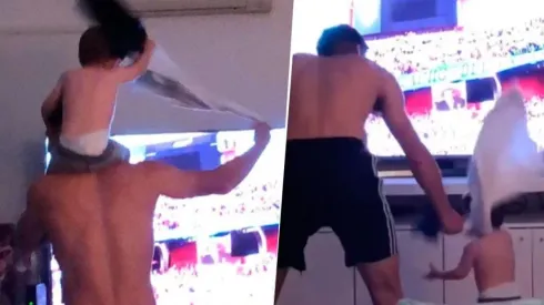 Lucas Martínez Quarta cantando junto al pequeño Bautista.