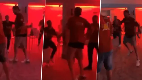 Foto de los festejos de Liverpool con el entrenador bailando.
