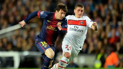 Marco Verratti marcando a Lionel Messi.
