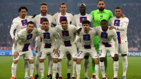 08.03.2023, CL, Champions League, FC Bayern Muenchen vs Paris Saint Germain, Allianz Arena Muenchen, Fussball, im Bild: PSG Kader mit Kylian Mbappe Paris Saint Germain und Lionel Messi Paris Saint Germain vor dem Spiel vs FC Bayern Muenchen *** 08 03 2023, CL, Champions League, FC Bayern Muenchen vs Paris Saint Germain, Allianz Arena Muenchen, football, sports, in picture PSG squad with Kylian Mbappe Paris Saint Germain and Lionel Messi Paris Saint Germain before the match vs FC Bayern Muenchen