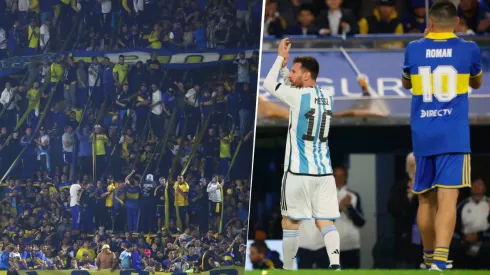 El Jugador Número 12 le pidió a Lionel Messi que se ponga la camiseta de Boca durante el partido homenaje de Juan Román Riquelme. Getty Images.
