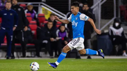 WASHINGTON, DC - FEBRUARY 26: Alan Franco #21 of Charlotte FC kicks the ball against D.C. United during the second half of the MLS game at Audi Field on February 26, 2022 in Washington, DC. (Photo by Scott Taetsch/Getty Images)
