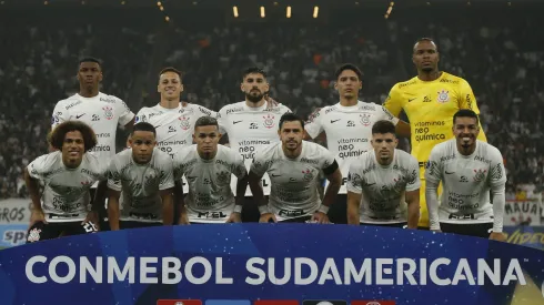 SAO PAULO, BRAZIL - JULY 11: Corinthians team players pose for a photo before the first leg of the round of 32 playoff match between Corinthians and Universitario at Neo Quimica Arena on July 11, 2023 in Sao Paulo, Brazil. (Photo by Miguel Schincariol/Getty Images)