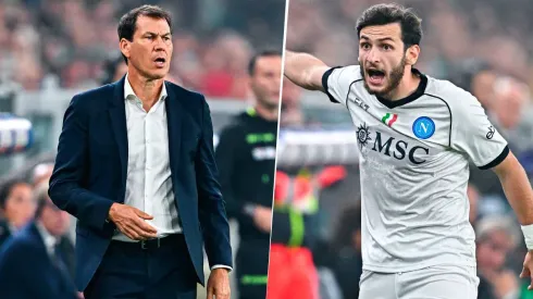 Kvicha Kvaratskhelia le hizo gestos a Rudi García cuando decidió modificarlo en el 2 a 2 del Napoli con el Genoa. Getty Images.