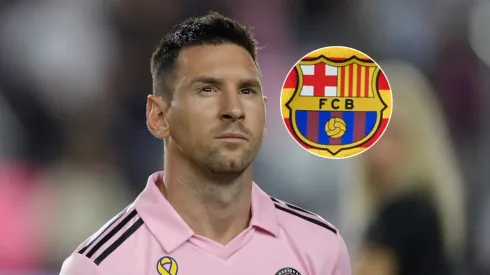Leo Messi y el escudo del Barcelona.
