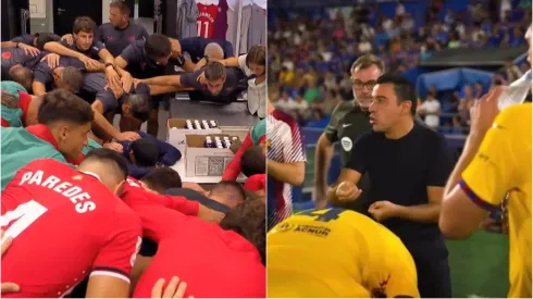 Los jugadores del Bilbao rezando en el vestuario y Xavi dando indicaciones, imágenes que ahora son parte de las transmisiones.
