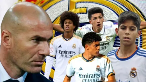 Zinedine Zidane y algunas de las mayores promesas de la cantera de Real Madrid. 
