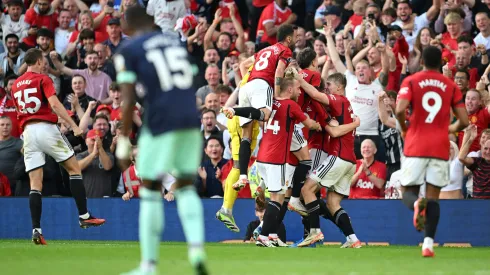 MANCHESTER, ENGLAND – OCTOBER 07: Scott McTominay of Manchester United celebrates with team mates after scoring their sides second goal during the Premier League match between Manchester United and Brentford FC at Old Trafford on October 07, 2023 in Manchester, England. (Photo by Michael Regan/Getty Images)
