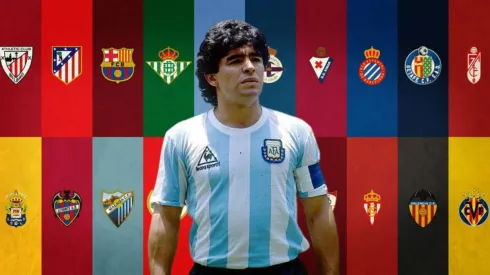 Diego Armando Maradona y los escudos de LaLiga.
