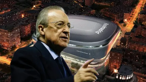 Florentino Pérez y el nuevo Santiago Bernabéu de fondo. 
