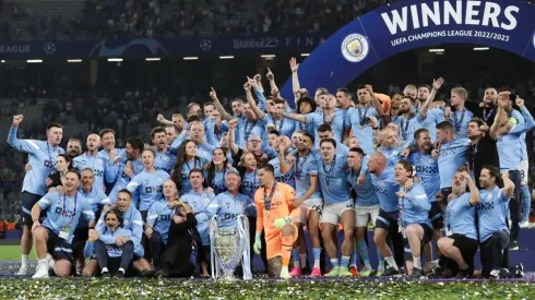 Manchester City festeja su título de Champions League. 
