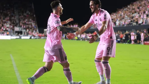 FORT LAUDERDALE, FLORIDA - AUGUST 11: Lionel Messi #10 of Inter Miami CF celebrates his goal with Leonardo Campana #9 in the second half during the Leagues Cup 2023 quarterfinals match between Charlotte FC and Inter Miami CF at DRV PNK Stadium on August 11, 2023 in Fort Lauderdale, Florida. (Photo by Hector Vivas/Getty Images)