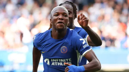 19th May 2024 Stamford Bridge, Chelsea, London, England: Premier League Football, Chelsea versus Bournemouth Moises Caicedo of Chelsea celebrates after scoring his sides 1st goal in the 17th minute to make it 1-0 with Trevoh Chalobah and Nicolas Jackson of Chelsea PUBLICATIONxNOTxINxUK ActionPlus12644689 JohnxPatrickxFletcher
