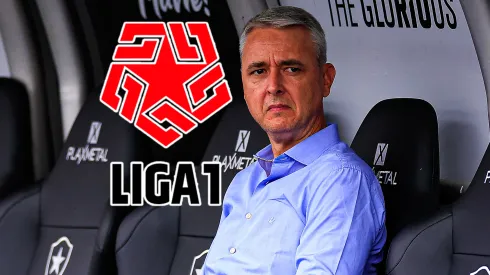 Tiago Nunes y el logo de la Liga 1 de Perú.