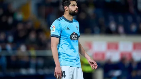 VILLARREAL, SPAIN – MARCH 12: Nestor Araujo of Celta de Vigo looks on during the LaLiga Santander match between Villarreal CF and RC Celta de Vigo at Estadio de la Ceramica on March 12, 2022 in Villarreal, Spain. (Photo by Aitor Alcalde Colomer/Getty Images)-Not Released (NR)
