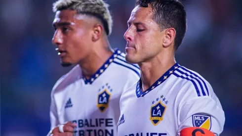 June 29, 2022, CARSON, CALIFORNIA, USA: (L) Julian Araujo 2 and Javier Chicharito Hernandez 14 of the L.A. Galaxy head t
