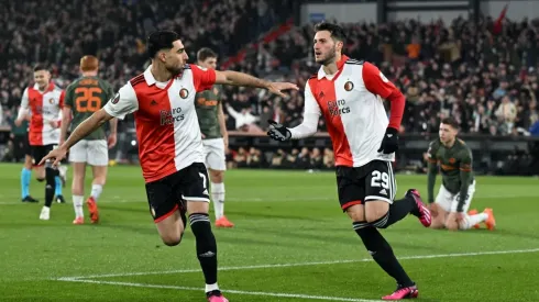 ROTTERDAM – (lr) Santiago Gimenez of Feyenoord, Alireza Jahanbaksh of Feyenoord celebrate the 1-0 during the UEFA Europa
