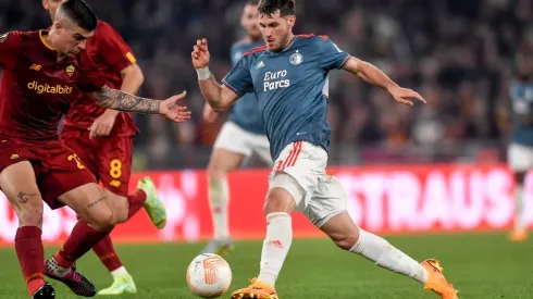 Gianluca Mancini of AS Roma and Santiago Gimenez of Feyenoord during the Europa League football match between AS Roma an
