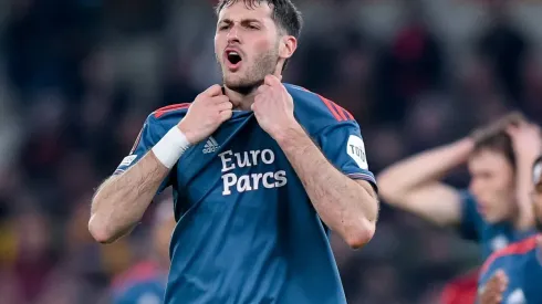 Santiago Gimenez of Feyenoord Rotterdam looks dejected during the UEFA Europa League Quarter-Final second leg match betw
