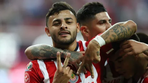 ZAPOPAN, MEXICO – APRIL 29: Alexis Vega of Chivas celebrates with teammate Victor Guzman after scoring the team's second goalduring the 17th round match between Chivas and Mazatlan FC as part of the Torneo Clausura 2023 Liga MX at Akron Stadium on April 29, 2023 in Zapopan, Mexico. (Photo by Refugio Ruiz/Getty Images)
