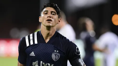 REUNION, FLORIDA – JULY 30:  Alan Pulido #9 of Sporting Kansas City reacts during a quarter final match of MLS Is Back Tournament between Philadelphia Union and Sporting Kansas City at ESPN Wide World of Sports Complex on July 30, 2020 in Reunion, Florida. (Photo by Emilee Chinn/Getty Images)
