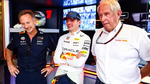 Christian Horner, Max Verstappen y Helmut Marko en el box de Red Bull