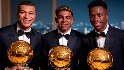Kylian Mbappé, Lamine Yamal y Vinicius con el trofeo del Balón de Oro