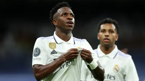 MADRID, SPAIN – MAY 09: Vinicius Junior of Real Madrid celebrates after scoring the team's first goal during the UEFA Champions League semi-final first leg match between Real Madrid and Manchester City FC at Estadio Santiago Bernabeu on May 09, 2023 in Madrid, Spain. (Photo by Julian Finney/Getty Images)
