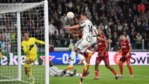 TURIN, ITALY - MAY 11: Federico Gatti of Juventus (obscured) scores the team's first goal during the UEFA Europa League semi-final first leg match between Juventus and Sevilla FC at Allianz Stadium on May 11, 2023 in Turin, Italy. (Photo by Valerio Pennicino/Getty Images)