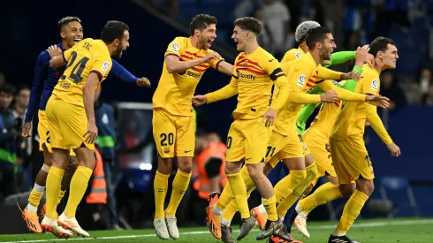 BARCELONA, SPAIN – MAY 14: Sergi Roberto and Gavi of FC Barcelona celebrate  winning the LaLiga Santander Title after victory in the LaLiga Santander match between RCD Espanyol and FC Barcelona at RCDE Stadium on May 14, 2023 in Barcelona, Spain. (Photo by David Ramos/Getty Images)
