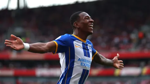 LONDON, ENGLAND - MAY 14: Pervis Estupinan of Brighton & Hove Albion celebrates after scoring the team's third goal during the Premier League match between Arsenal FC and Brighton & Hove Albion at Emirates Stadium on May 14, 2023 in London, England. (Photo by Julian Finney/Getty Images)