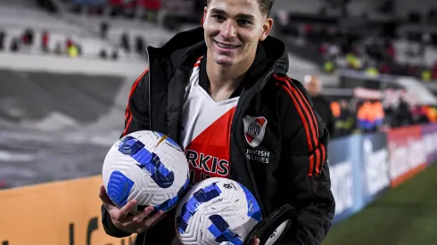 BUENOS AIRES, ARGENTINA – MAY 25: Julian Alvarez of River Plate pose for a photo after scoring six goals in the victory of his team in the Copa CONMEBOL Libertadores 2022 match between River Plate and Alianza Lima at Estadio Monumental Antonio Vespucio Liberti on May 25, 2022 in Buenos Aires, Argentina. (Photo by Marcelo Endelli/Getty Images)
