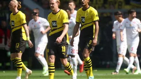 DORTMUND, GERMANY – MAY 27: Sebastien Haller of Borussia Dortmund reacts after Andreas Hanche-Olsen of 1.FSV Mainz 05 (not pictured) scored their sides first goal during the Bundesliga match between Borussia Dortmund and 1. FSV Mainz 05 at Signal Iduna Park on May 27, 2023 in Dortmund, Germany. (Photo by Alex Grimm/Getty Images)
