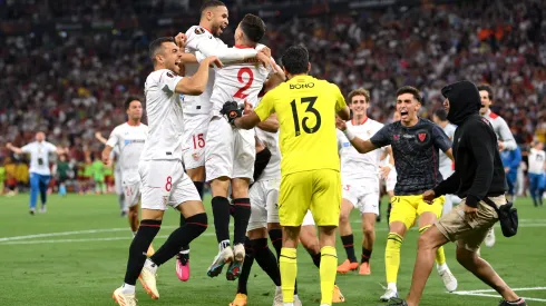 BUDAPEST, HUNGARY - MAY 31: Sevilla FC players celebrate after the team's victory in the penalty shoot out during the UEFA Europa League 2022/23 final match between Sevilla FC and AS Roma at Puskas Arena on May 31, 2023 in Budapest, Hungary. (Photo by Justin Setterfield/Getty Images)