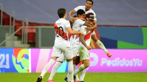 BRASILIA, BRAZIL – JULY 09: Gianluca Lapadula of Peru celebrates with teammates after scoring the second goal of his team during a Third Place play off match between Peru and Colombia as part of Copa America Brazil 2021 at Mane Garrincha Stadium on July 09, 2021 in Brasilia, Brazil. (Photo by Andressa Anholete/Getty Images)
