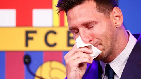 BARCELONA, SPAIN – AUGUST 08: Lionel Messi of FC Barcelona faces the media during a press conference at Nou Camp on August 08, 2021 in Barcelona, Spain. (Photo by Eric Alonso/Getty Images)
