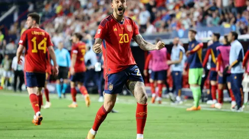 ENSCHEDE, NETHERLANDS – JUNE 15: Joselu of Spain celebrates after scoring the team's second goal during the UEFA Nations League 2022/23 semi-final match between Spain and Italy at FC Twente Stadium on June 15, 2023 in Enschede, Netherlands. (Photo by Christof Koepsel/Getty Images)
