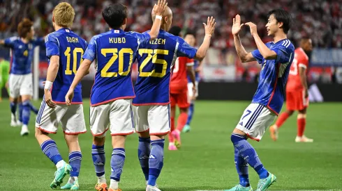 SUITA, JAPAN – JUNE 20: Daizen Maeda (2nd R) of Japan celebrates with teammates after scoring the team's fourth goal during the international friendly match between Japan and Peru at Panasonic Stadium Suita on June 20, 2023 in Suita, Osaka, Japan. (Photo by Kenta Harada/Getty Images)