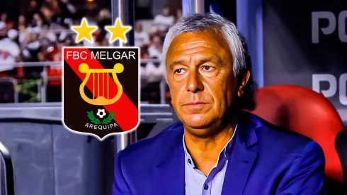 Néstor Gorosito y el escudo de Melgar.