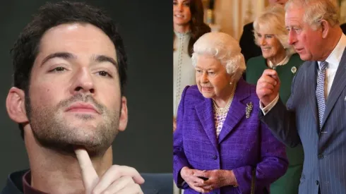 Tom Ellis, Isabel II y el Príncipe Carlos.
