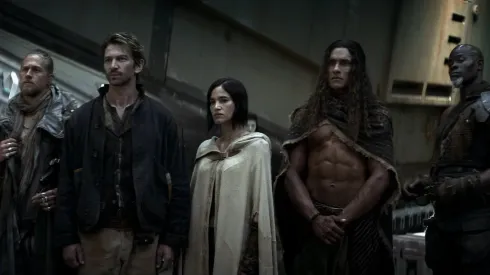 Djimon Hounsou, Michiel Huisman, Charlie Hunnam, Sofia Boutella and Staz Nair in Rebel Moon – Part One: A Child of Fire.
