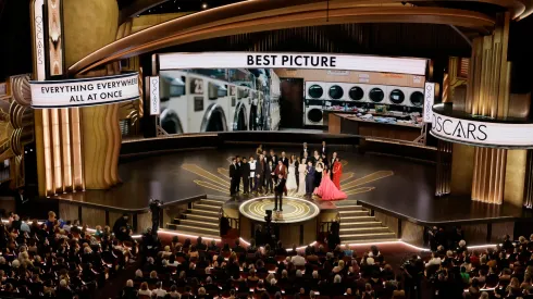 Cast and crew of "Everything Everywhere All at Once" accepts the Best Picture award onstage during the 95th Annual Academy Awards.
