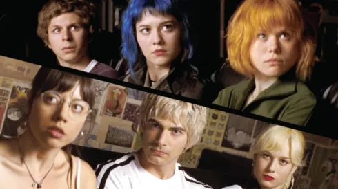 Michael Cera, Brie Larson, Alison Pill, Brandon Routh, Mary Elizabeth Winstead, and Aubrey Plaza in Scott Pilgrim vs. the World.
