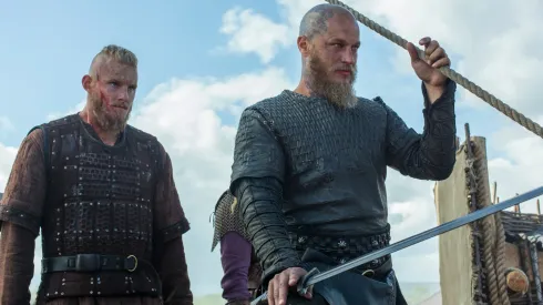 Alexander Ludwig and Travis Fimmel in Vikings.
