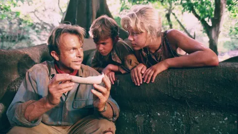 Sam Neill, Ariana Richards and Joseph Mazzello in Jurassic Park.
