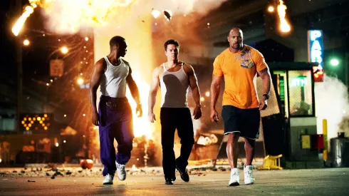 Mark Wahlberg, Dwayne Johnson and Anthony Mackie in Pain & Gain.
